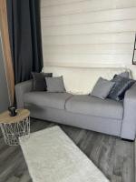 a couch with pillows on it in a living room at Petit appartement T2 30m2 in Aix-les-Bains