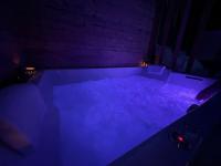 a dark room with a pool with purple lights at Zen Room in LʼIsle-sur-le-Doubs