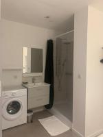 a bathroom with a washing machine and a shower at Appartement centre ville T2 001 in Roanne