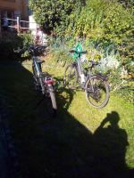 two bikes parked in the grass in a yard at L&#39;OASIS maisonnette centre ville 3 chambres terrasse espace vert privé parc sainte croix center parc 20 minutes in Sarrebourg