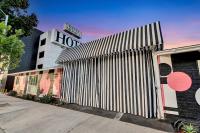 a hotel building with a large corrugated metal facade at Santa Monica Hotel in Los Angeles