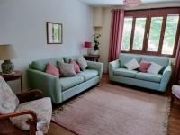 a living room with two green couches and pink pillows at Les Beaux Sapins 2 in Rochechouart
