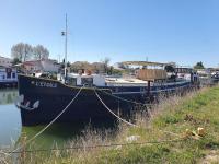 a blue boat is docked in the water at PÉNICHE authentique tout confort in Aigues-Mortes