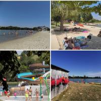 a collage of photos of people at a beach at Grand chalet en bois climatisé avec vue sur le lac in Saramon