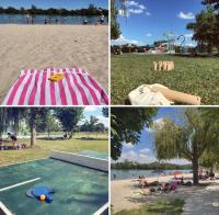 a collage of photos of a beach with people on the beach at Grand chalet en bois climatisé avec vue sur le lac in Saramon