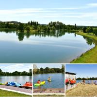 a collage of photos with people in a lake at Grand chalet en bois climatisé avec vue sur le lac in Saramon