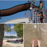 a collage of pictures of people at a beach at Grand chalet en bois climatisé avec vue sur le lac in Saramon