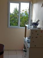 a kitchen with a counter and a window at Les palmiers in Le Marin