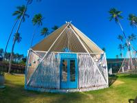 Taboo Milagres في ساو ميغيل دوس ميلاجريس: خيمة ذات باب أزرق في حقل مليء بأشجار النخيل