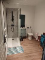 a bathroom with a shower and a toilet and a sink at Au pied de la colline in Alembon