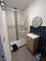 a bathroom with a shower and a sink and a mirror at Studio centre ville le saint&#39;oh in Saint-Omer