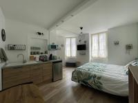 a bedroom with a bed and a sink and a kitchen at Studio de la Poterie in Vermenton