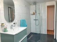 a bathroom with a sink and a shower at Manava Villa vue mer et Mont Saint Michel piscine intérieure in Saint-Jean-le-Thomas