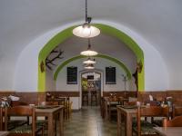 una sala da pranzo con pareti verdi e tavoli in legno di Hotel Club a Vranovská Ves