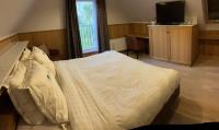 a bedroom with a large bed and a television at B&amp;B - Ter Douve in Dranouter