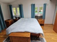 a bedroom with a large bed with blue curtains at Loft en duplex 270 m2 &amp; Jardin patio terrasse sauna in Chaville