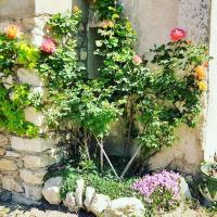 a garden with flowers and a stone wall at Chambre d&#39;Hotes Lamanon, avec ou sans petit déjeuner - Domaine Les Peupliers - in Lagnes