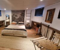 a bedroom with a large bed and a fireplace at Logement vue sur la seine in Boulogne-Billancourt