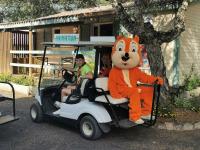 a man in a tiger costume riding a golf cart at Mobile home 5-pers Camping Leï Suves-Côtes d&#39;Azur-including airco in Roquebrune-sur-Argens