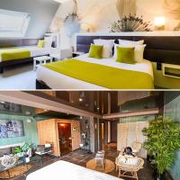 a hotel room with a large bed with green pillows at Quality Hotel La Marebaudière Vannes Centre in Vannes
