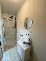 a bathroom with a sink and a shower with a mirror at Loft Saint-Jean in Monségur