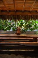 um banco de madeira em frente a um vaso de plantas em El Origen Villas & Spa-Puerto Escondido em Puerto Escondido