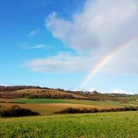 a rainbow in the sky over a green field at Au pied de la colline in Alembon