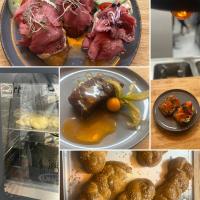 Un collage de diferentes imágenes de comida en platos. en Penzion pod Hazmburkem, en Klapý