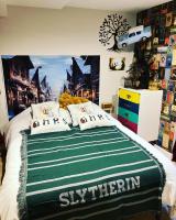 a bedroom with a bed with a slytherin blanket on it at Les sorciers, la Diligence St Jean de Losne in Saint-Jean-de-Losne