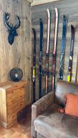 a bunch of skis are lined up against a wall at APPARTEMENT PLEIN SUD AUX SAISIES N°6 in Les Saisies
