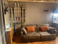 a couch in a room with skis on the wall at APPARTEMENT PLEIN SUD AUX SAISIES N°6 in Les Saisies