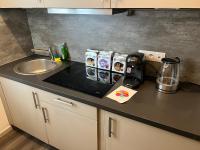 a kitchen with a counter top with a sink and a coffee maker at Chic Appartement Climatisé à 10 Minutes de Paris: Confort et Élégance in Maisons-Alfort