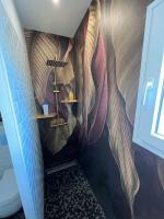 a bathroom with a mural of feathers on the wall at Villa moderne 3 chambres double , proche de la mer, le Micocoulier quartier sainte Marguerite in La Garde
