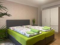 a bedroom with a bed with green pillows on it at Apartment am Schlosspark 3 in Cheb
