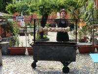 Een vrouw staat achter een kar in een tuin. bij Relais Ca del rio in Botteghino di Zocca