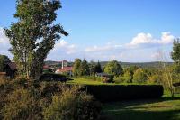 a green field with a tree and buildings in the distance at La Maison Thébaïde in Mortagne