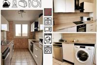 a kitchen with white cabinets and a washing machine at Appartement 6-8 personnes - Calme - Neuf - 15 min de Paris in Groslay