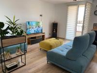 a living room with a blue couch and a tv at Superbe Appartement atypique in Bouleternère