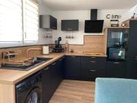 a kitchen with black cabinets and a dishwasher and a sink at Superbe Appartement atypique in Bouleternère