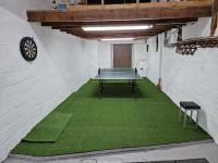 a ping pong table in a room with green flooring at Gîte Les trois charmes in Gouvy