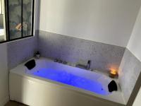 a blue tub in a bathroom with a tiled wall at Bleu Suprême balnéo in Vierzon