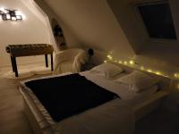 a bedroom with a bed with lights on it at Gîte Évasion idyllique à l&#39;étage près zoo-chateaux in Faverolles-sur-Cher