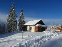 a cabin covered in snow with trees in the background at Chalet Beaujon Chapelle-des-Bois in Chapelle-des-Bois