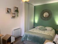 a green bedroom with a bed and a mirror at Etape saumuroise en centre-ville in Saumur