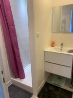 a bathroom with a sink and a shower curtain at Etape saumuroise en centre-ville in Saumur