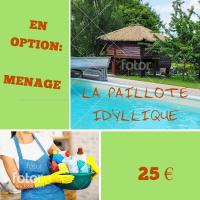a collage of pictures with a woman holding a basket of cleaning products at La paillote idyllique in Faverolles-sur-Cher