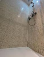 a shower in a bathroom with a tile wall at Gite du Moulin in Saint-Laurent-dʼAndenay