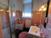 a bathroom with a shower and a sink and a mirror at Le Clos Fleuri in Caumont