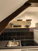 eine Küche mit einem Waschbecken und einem Regal mit Geschirr in der Unterkunft Les Lofts De Provins: Apt 8 in Provins