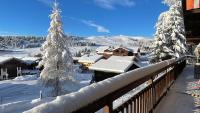 a view of a snow covered resort with trees and buildings at APPARTEMENT PLEIN SUD AUX SAISIES N°6 in Les Saisies